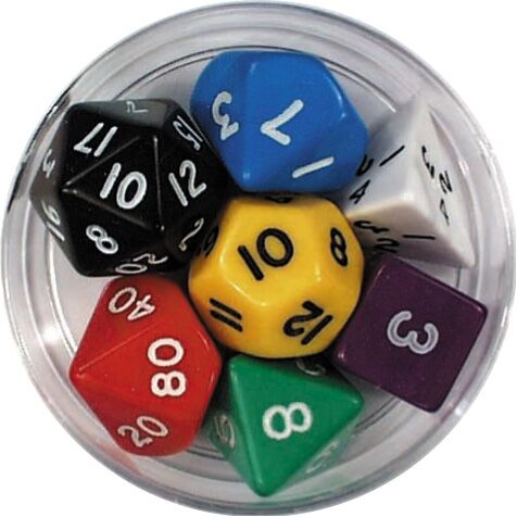 Set of 7 opaque polydice D4,6,8,10,12,20 & 00-90 in round plastic container