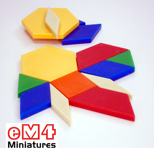 Pattern Blocks pack of 250 - Solid plastic 5mm blocks in 6 shapes over 6 colours. Ideal for composing shapes