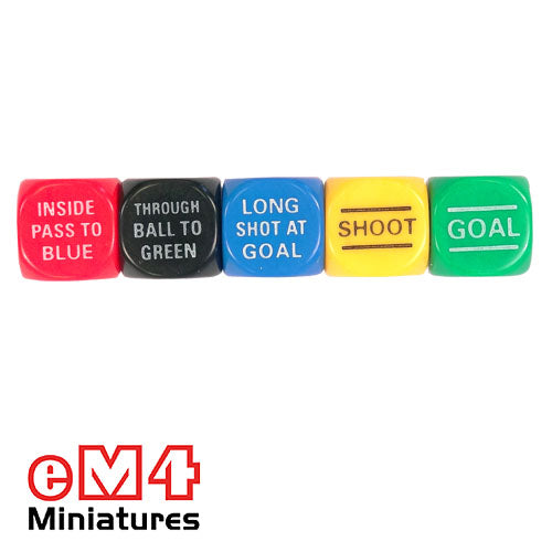 Soccer dice - set of 5 x18mm dice in plastic box with rules
