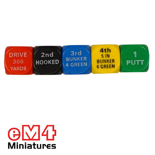 Golf dice set of 5 x 18mm in plastic box with rules